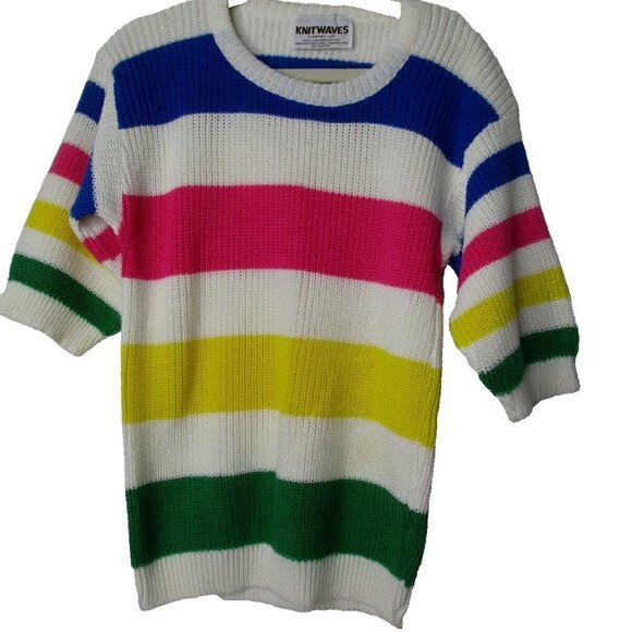 Knit Waves Pullover Sweater Women's Size 12 Rainbow Striped Crew Neck 3/4 Sleeve - Picture 1 of 6